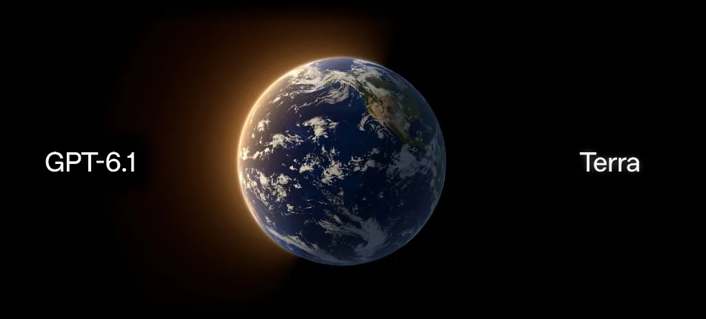 GPT-6.1 Terra: the Earth lit by a warm glow against a black background, with the words GPT-6.1 on the left and Terra on the right.