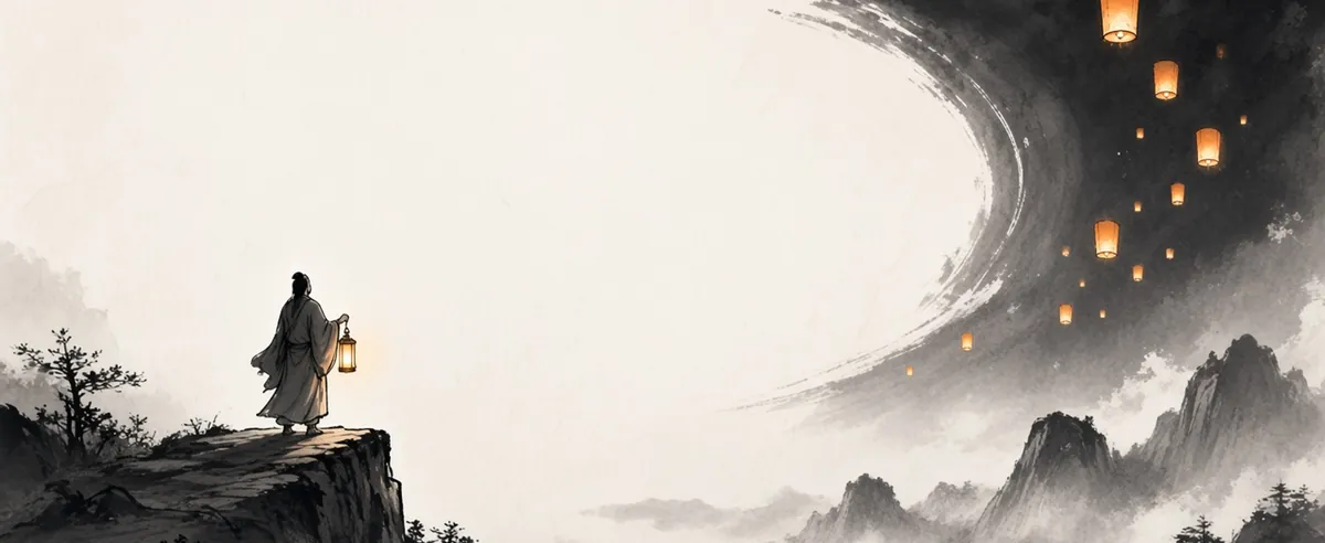 Ink-wash painting: a robed figure holding a lantern stands on a cliff edge and watches glowing paper lanterns rise into a dark ink swirl above misty mountains.