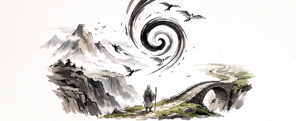 Ink-wash painting: a monk with a staff stands on a mountain path before a stone bridge, watching winged figures circle a black spiral above misty peaks.